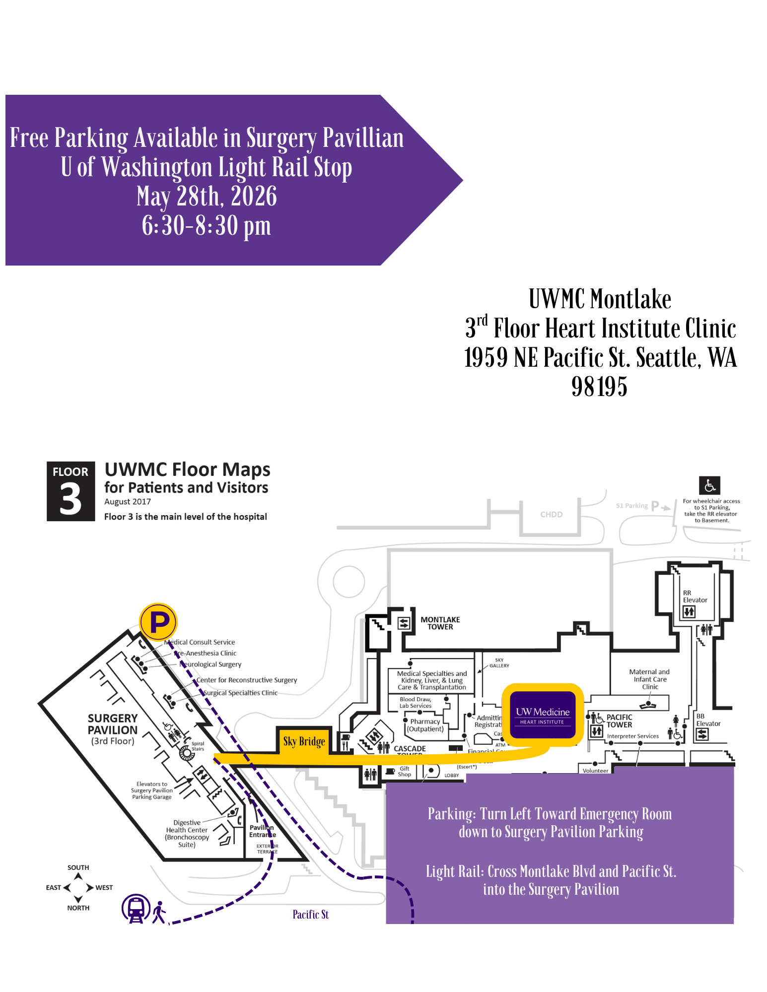 UWMC Floor 3 map showing route from parking and light rail to the Heart Institute Clinic